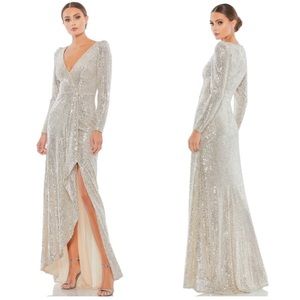 IEENA FOR MAC DUGGAL Sequin Wrap Evening Gown NEW Size 6 Silver Dress